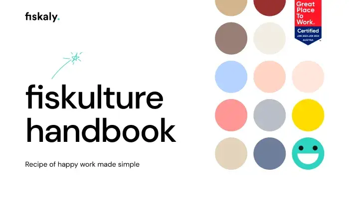 puntos de colores y el título "fiskulture handbook", el logo de fiskaly logo y el certificado de Great Place To Work