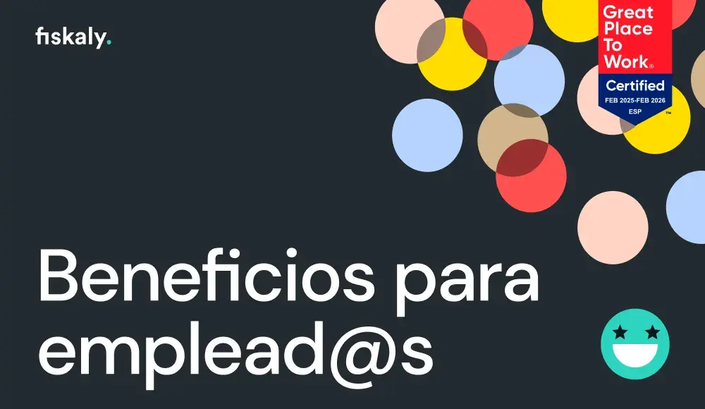 Fondo oscuro con círculos brillantes con el texto Employee Benefits, el logotipo de fiskaly y el distintivo Great Place to Work 2024.
