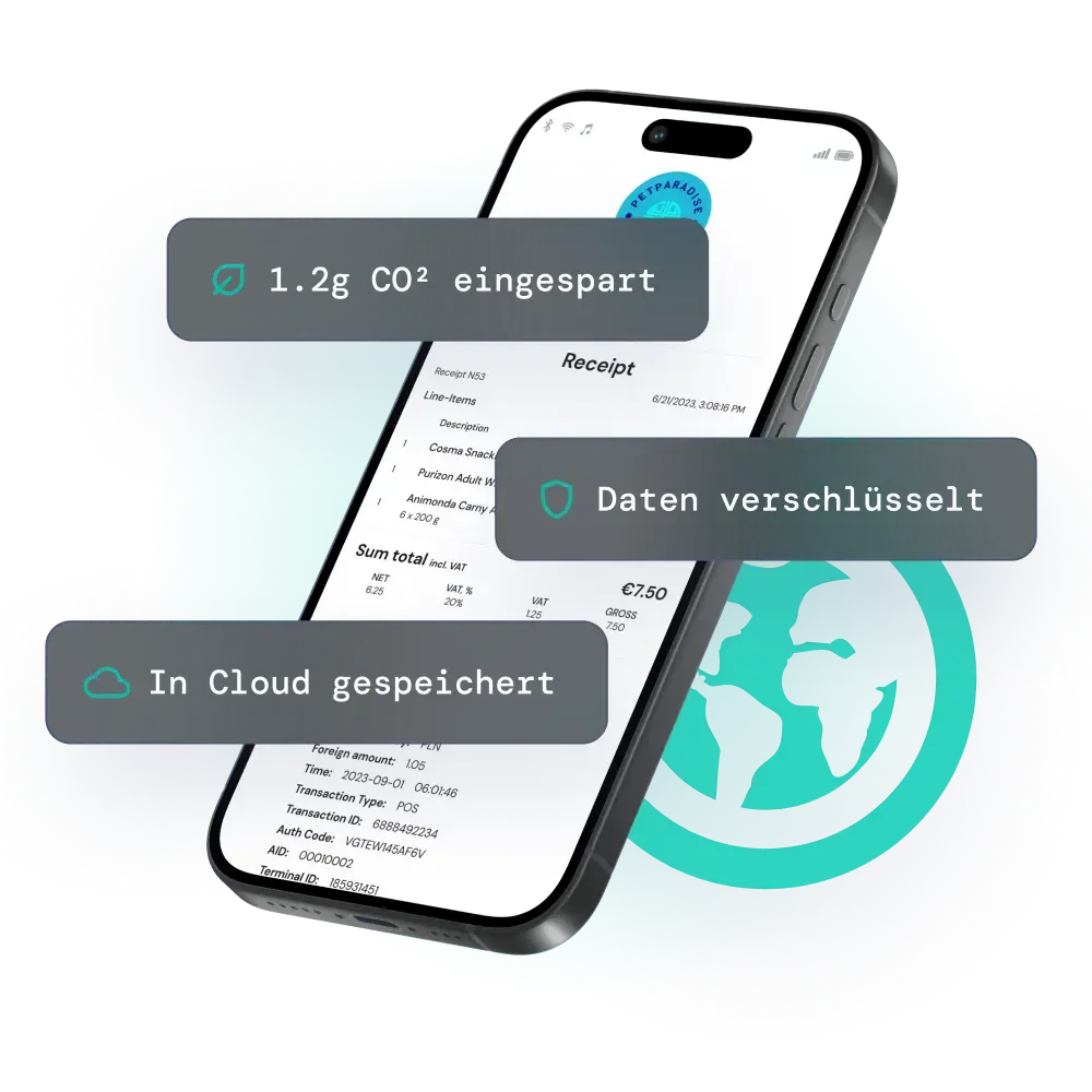 Mobiltelefon mit einem digitalen Beleg von fiskaly darauf, mit Texten in der Cloud gespeichert, Daten verschlüsselt und umweltfreundlich