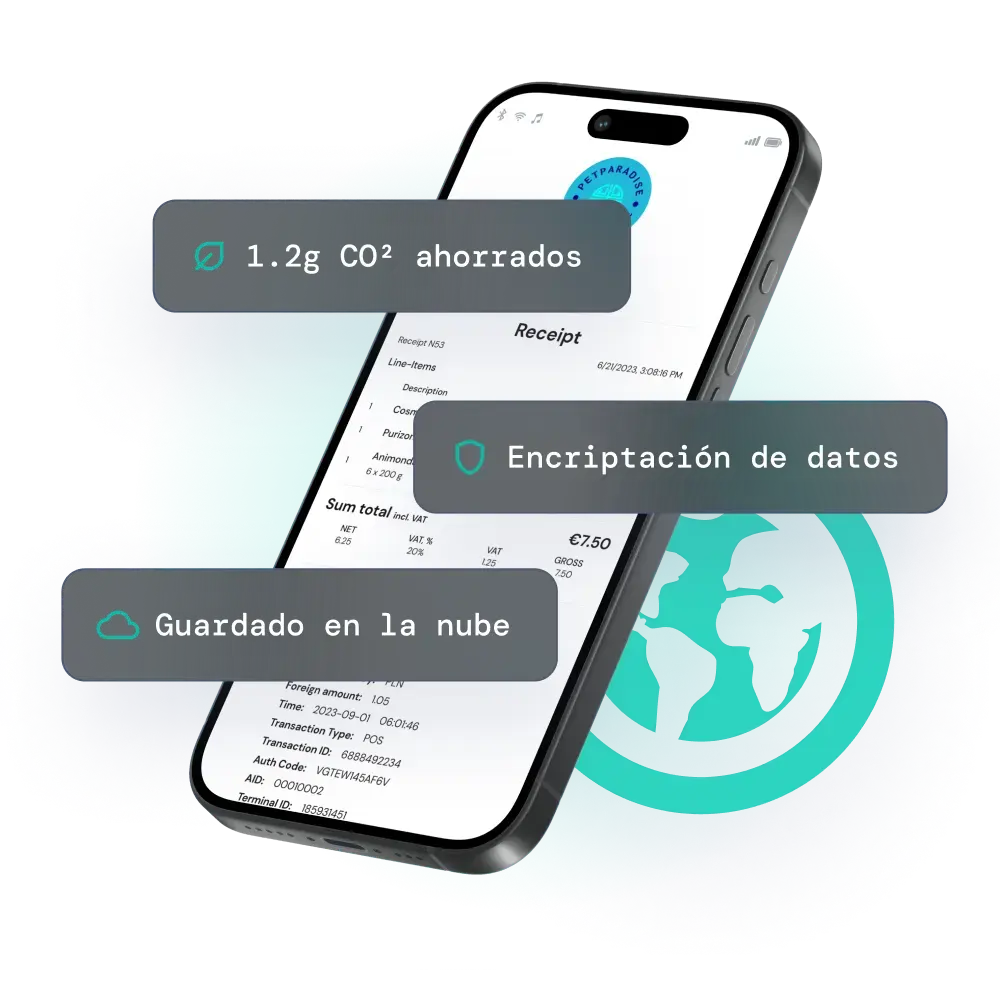 Teléfono móvil con un recibo digital de fiskaly en él, con textos Almacenado en la nube, datos encriptados y ecológicos