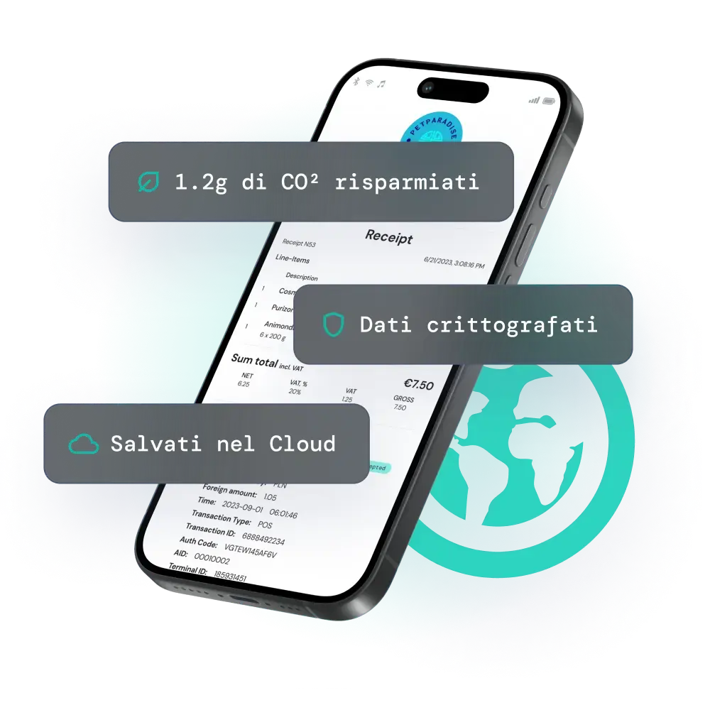 Telefono cellulare con lo scontrino elettronico di fiskaly con i seguenti testi: stored to cloud, data encrypted and eco-friendly
