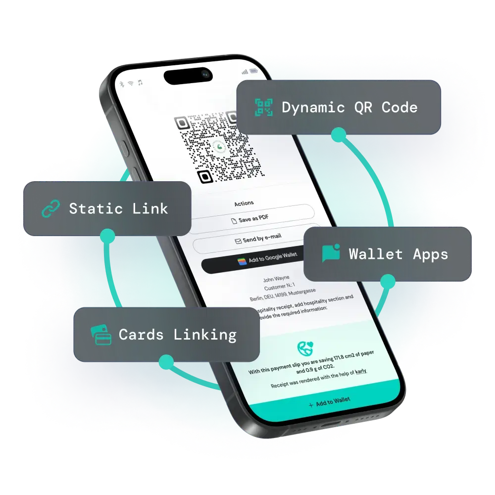 Mobile phone with a digital receipt from fiskaly on it, with texts Dynamic QR Code, Static Link, Wallet Apps and Cards Linking