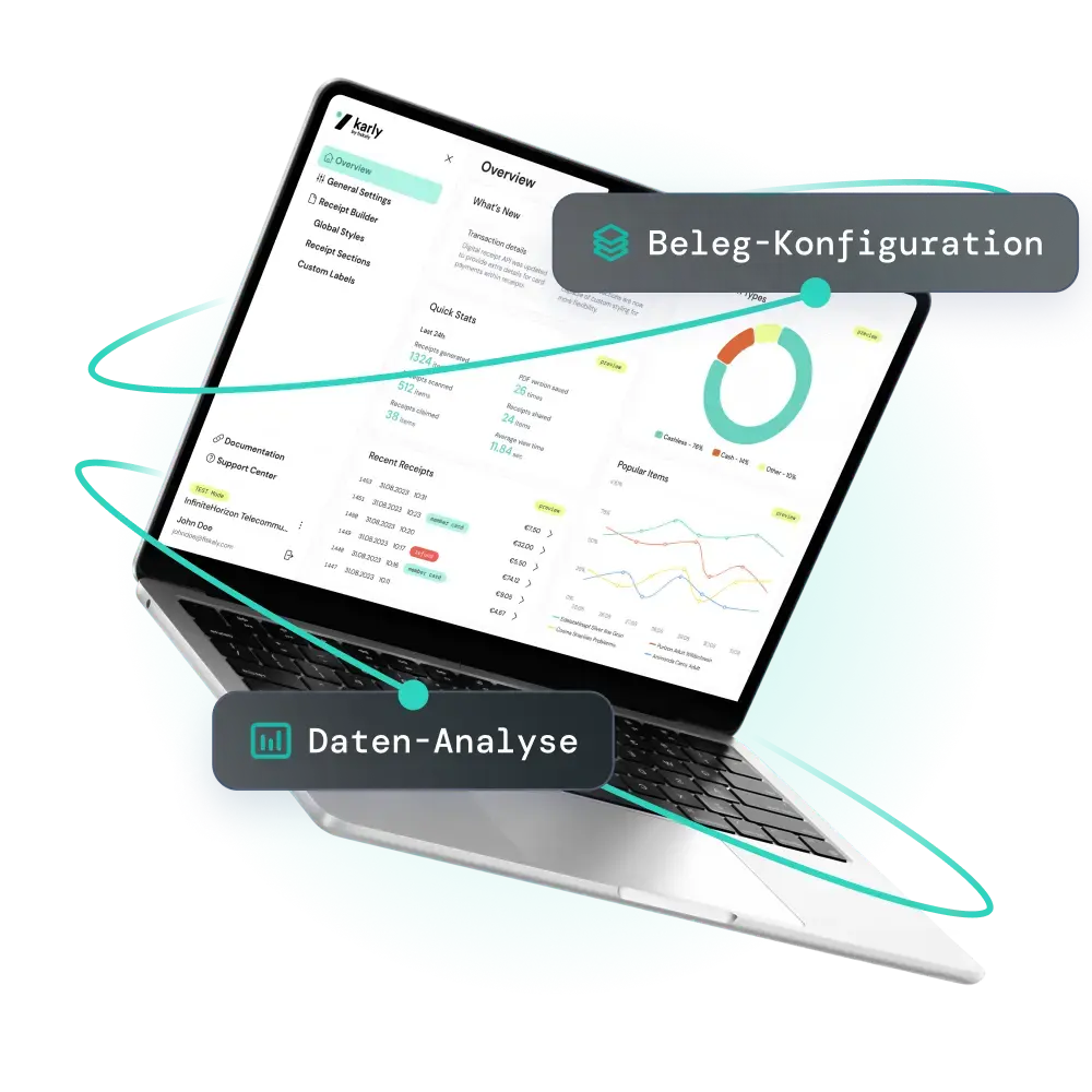 Ein offener Laptop mit einem digitalen Beleg von fiskaly, mit analytischen Graphen und Dashboard-Datenübersicht