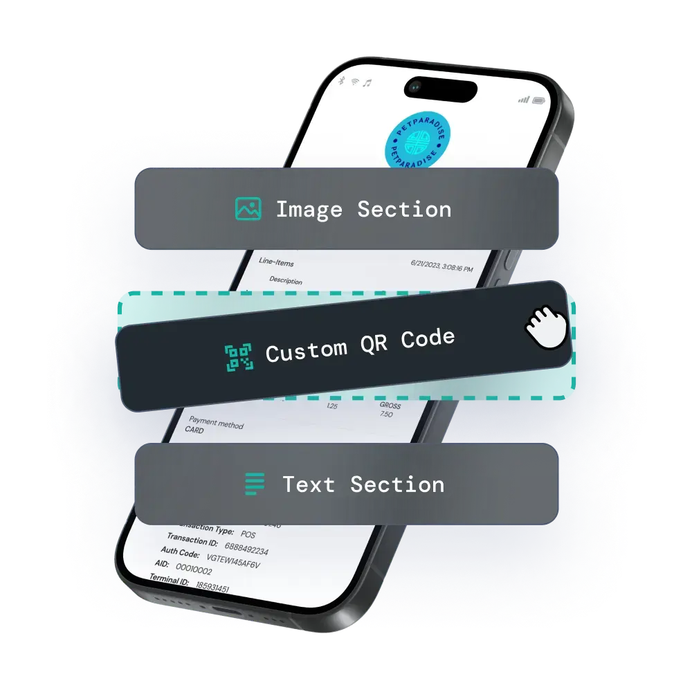 Mobile phone with a e-receipt by fiskaly on it with texts: image section, custom QR code and text selection