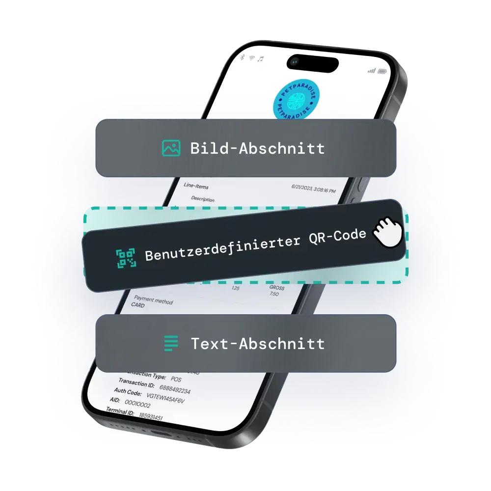 Handy mit einem e-Beleg von fiskaly darauf mit Texten: Bildausschnitt, benutzerdefinierter QR-Code und Textauswahl