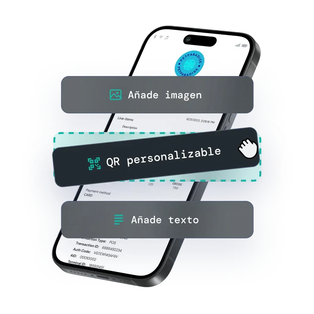 Teléfono móvil con un ticket electrónico de fiskaly en él con textos: sección de imagen, código QR personalizado y selección de texto
