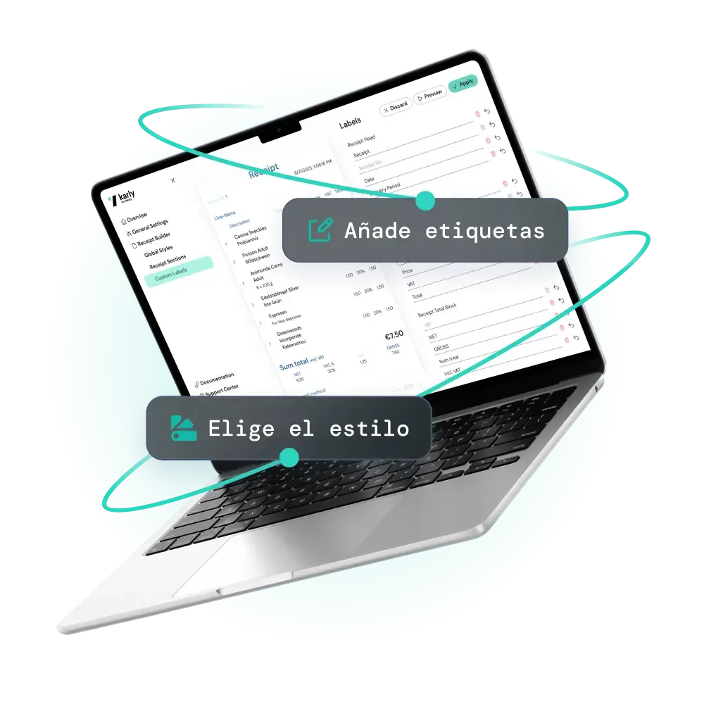 Ordenador portátil abierto con un recibo electrónico de fiskaly con textos: Etiquetas personalizadas y controles de estilo