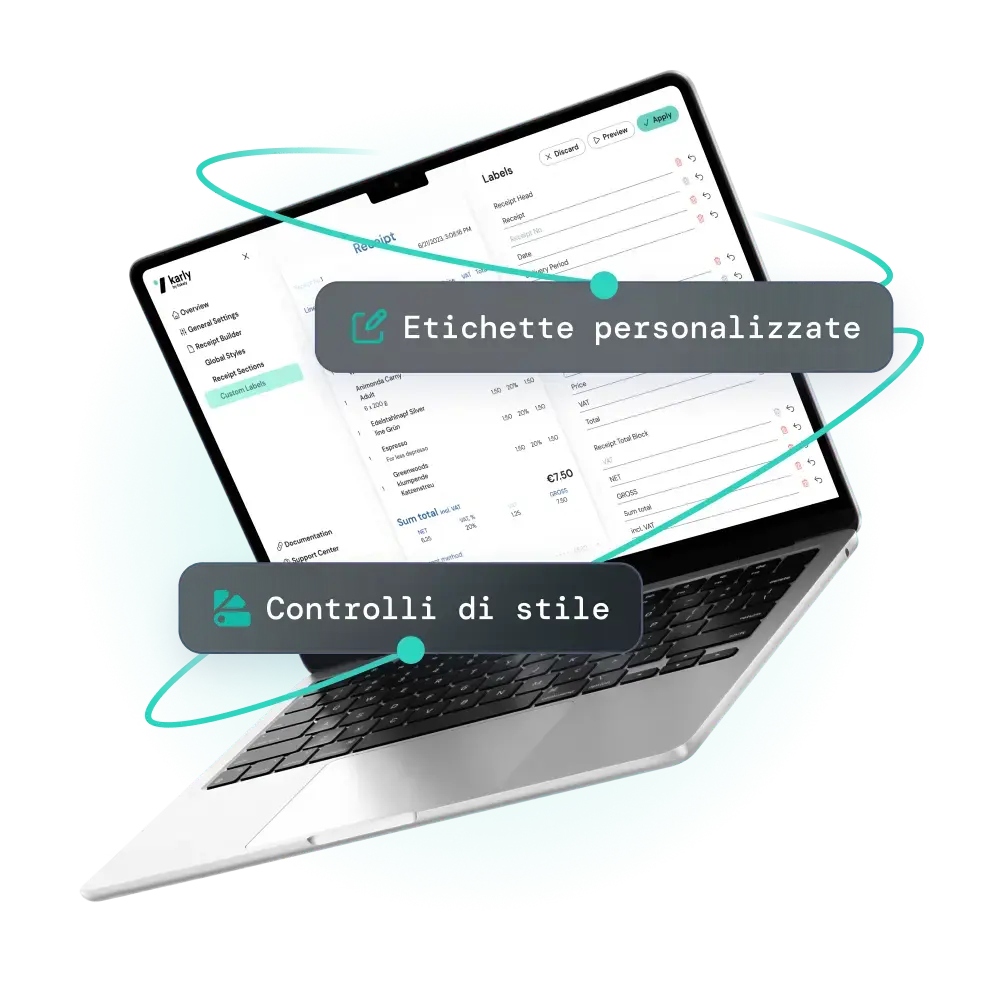 Un laptop aperto con una ricevuta elettronica della dashboard di fiskaly e i seguenti testi: Custom labels and Styling controls