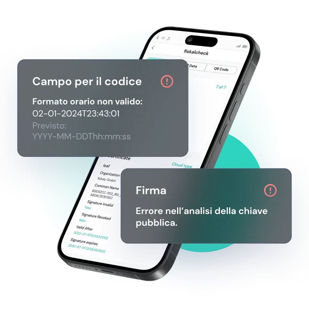 Telefono cellulare sul cui schermo viene mostrata fiskalcheck, l'app gratuita di fiskaly, che supporta diversi provider TSS