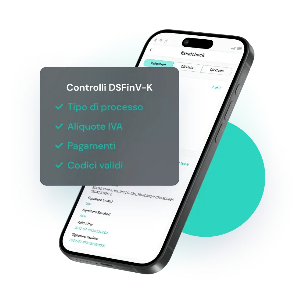 Telefono cellulare che mostra un rapporto di convalida della conformità ai regolamenti KassenSichV e DSFinV-K ottenuto con fiskalcheck, l'app gratuita di fiskaly