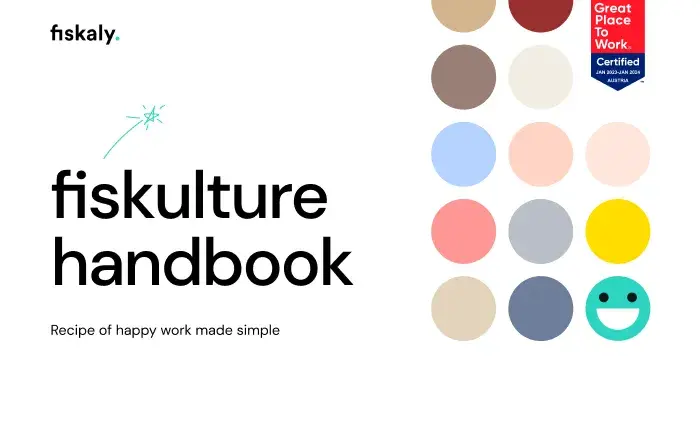 bunte Punkte mit dem Text "fiskulture handbook", dem fiskaly Logo und dem Great Place To Work Badge