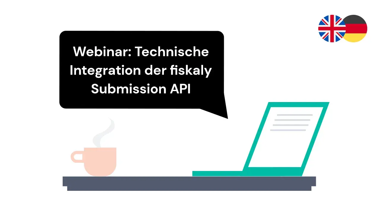 Illustration mit den Markenrichtlinien von fiskaly und einem Titel des Webinars über die technische Integration der Submission API
