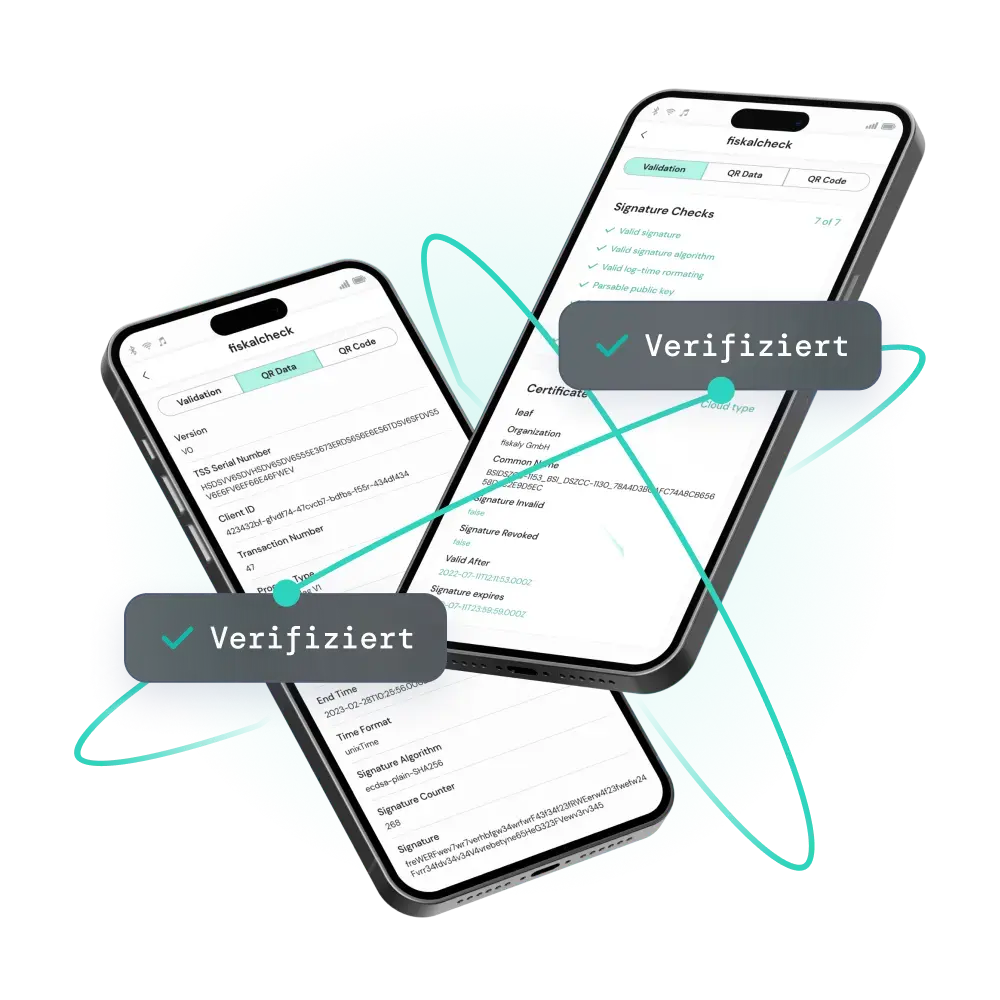 Handys mit gratis fiskalcheck-App und Überprüfung der KassenSichV- und DSFinV-K-Konformität