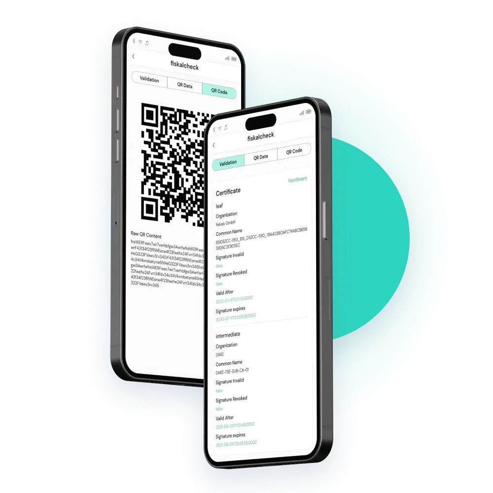 Mobiltelefon mit kostenloser fiskalcheck-App auf dem Bildschirm mit QR Code-Quittungsvalidierung 