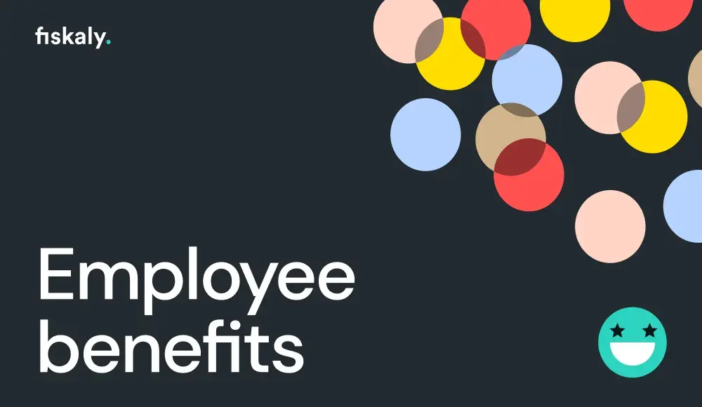 Dark background with bright circles in the corner with text Employee Benefits, fiskaly logo and Great Place to Work 2024 badge