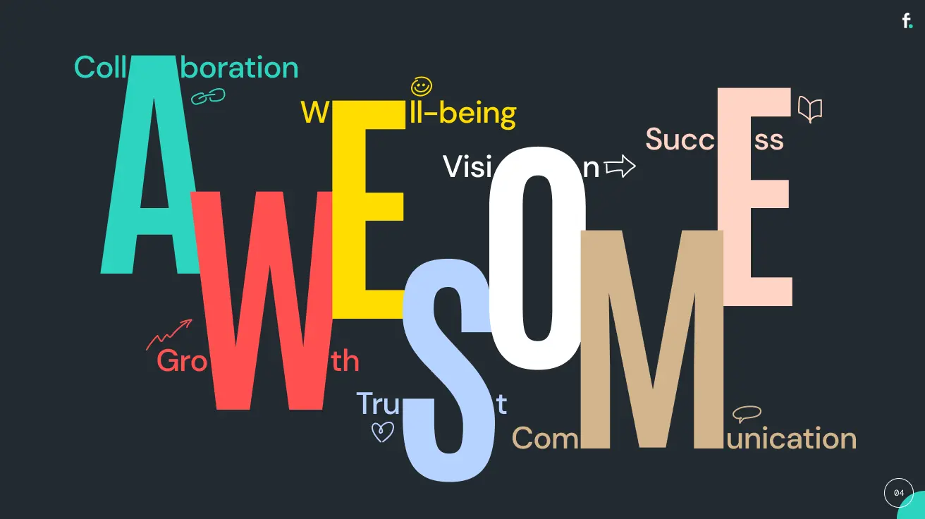 colourful letters forming the word "awesome", depicting values of the fiskaly work culture
