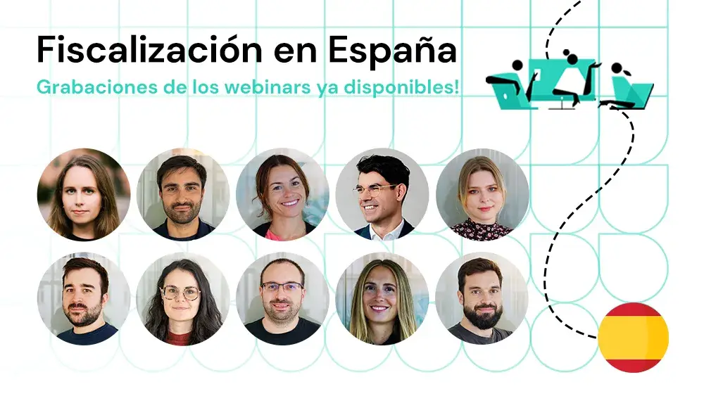 Retratos de los ponentes de la serie de seminarios web de fiskaly con el titular "Fiscalización en España: Grabaciones de webinars disponibles"