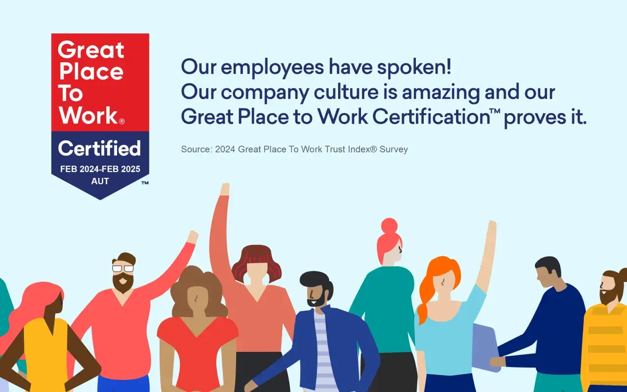 Bunte Illustrationen mit Überschrift "Unsere MitarbeiterInnen haben gesprochen, wir sind ein Great Place To Work" und Zertifizierungs-Badge
