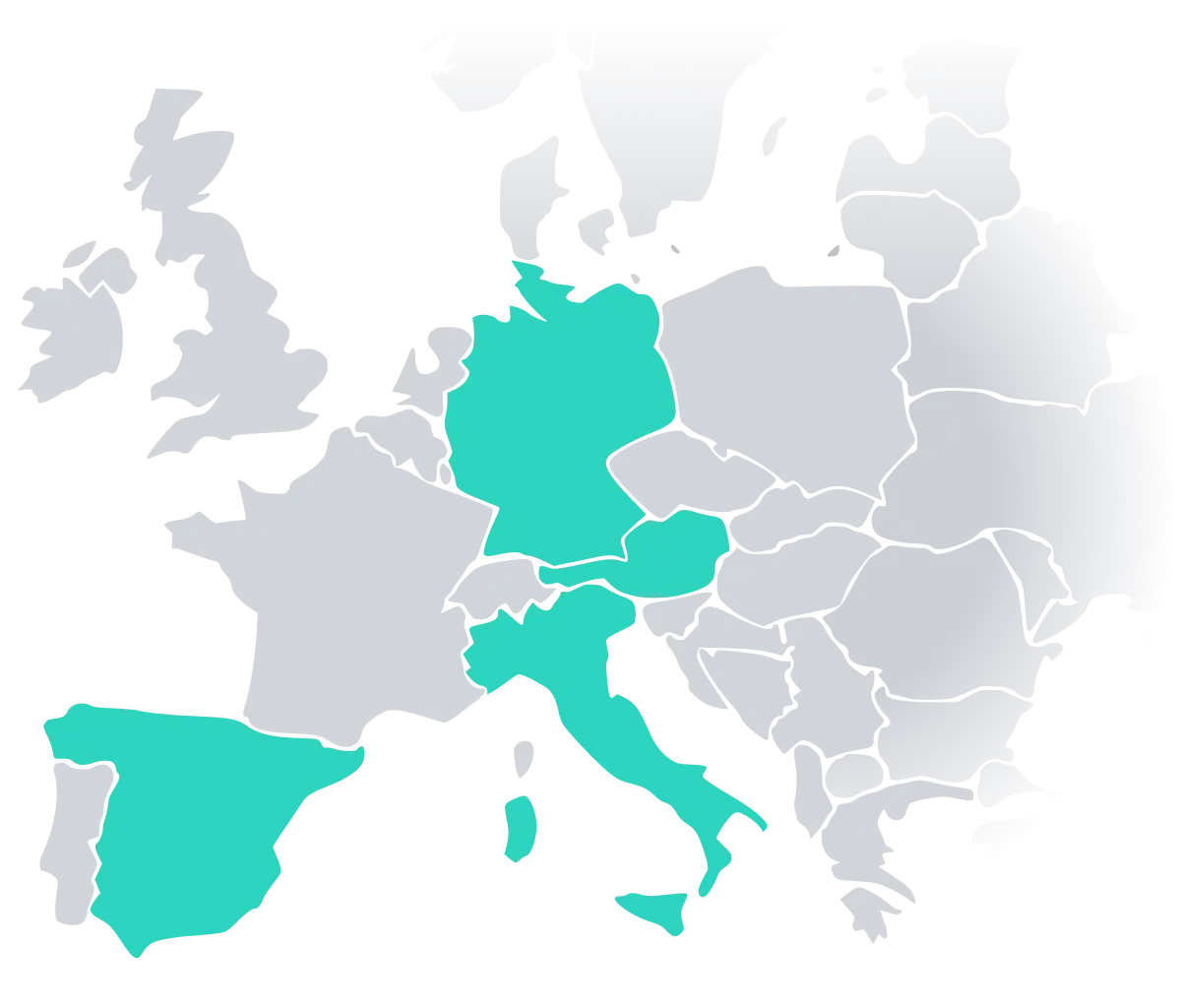 Mappa dell'Europa sulla quale Austria, Germania, Spagna e Italia sono contrassegnate in verde perché dotate di conformità POS grazie a fiskaly