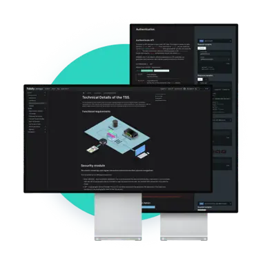 Computer monitors with fiskaly developer page and API documentation on them
