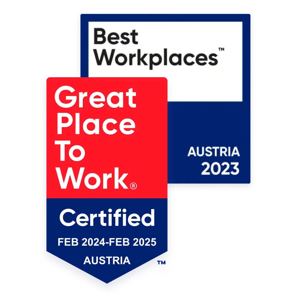 Insignias de los certificados Great Place to Work y Best Workplaces de fiskaly 