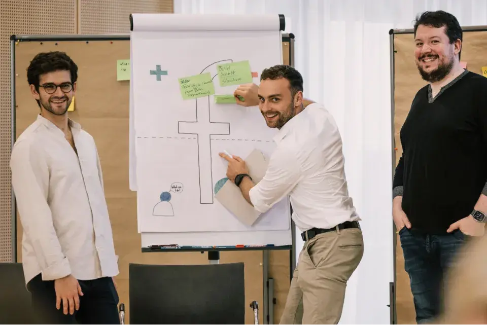three fiskaly team members in front of a whiteboard at an interactive workshop