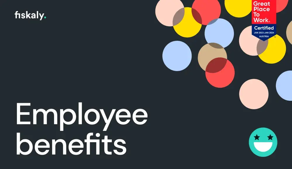 Dark background with bright circles in the corner with text Employee Benefits, fiskaly logo and Great Place to Work 2024 badge