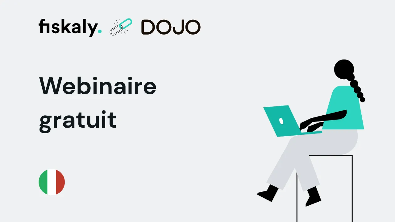 Logo de fiskaly et Dojo avec le texte «Webinaire gratuit» entre POS et RT