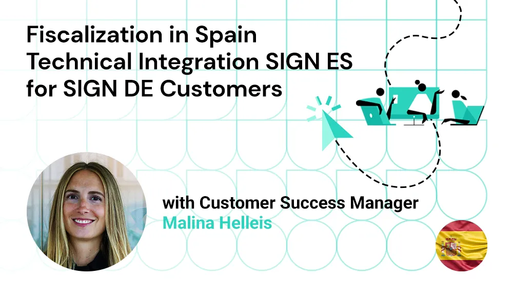 Portrait of fiskaly Customer Success Manager Malina Helleis with the webinar title