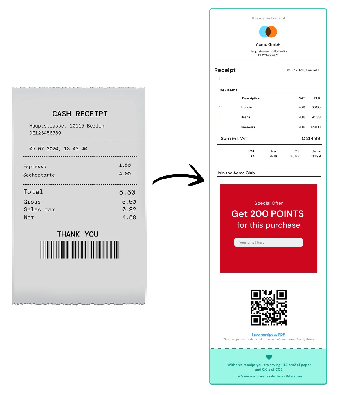 Paper and fiskaly digital receipt comparison