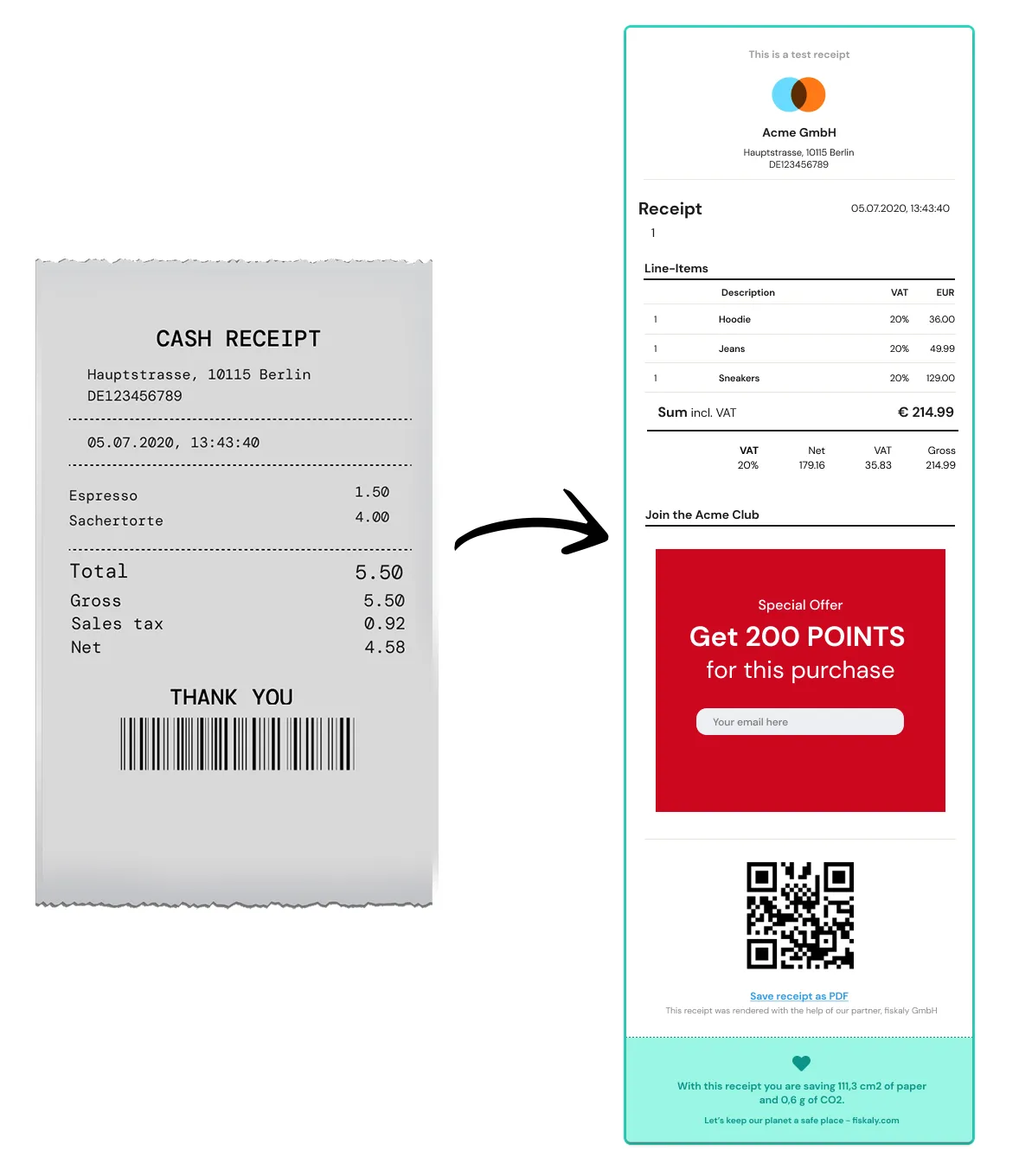 Comparativa ticket en papel y ticket digital de fiskaly